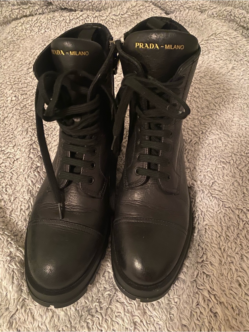 Prada Black Leather Lace-Up Men's Combat Boots with Gold Branding